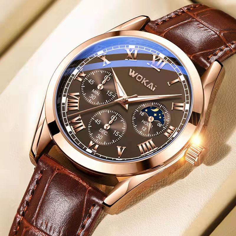 WOKAI high quality Rose Gold Men&#39;s Casual belt quartz watch Men&#39;s student three eyes Women&#39;s night light waterproof clock