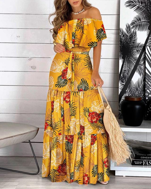 2022 New Fashion Leopard Robe Print Long Dress Ruffle Maxi Sundress Bohemian Women Summer Sexy Casual Elegant Strapless Vestidos