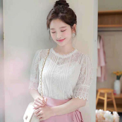 Women's Spring Summer Style Lace Blouses Shirt Women's Hollow Out Solid Color O-neck Half Sleeve Elegant Temperament Tops DD8625