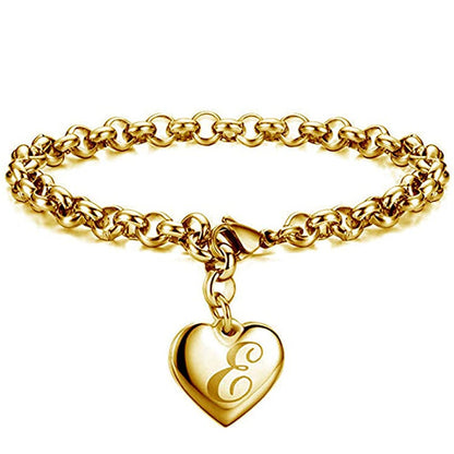 Initial Charm Gold-Color Bracelets Stainless Steel Heart 26 Letters Alphabet Bracelet for Women Girls Kids Gifts