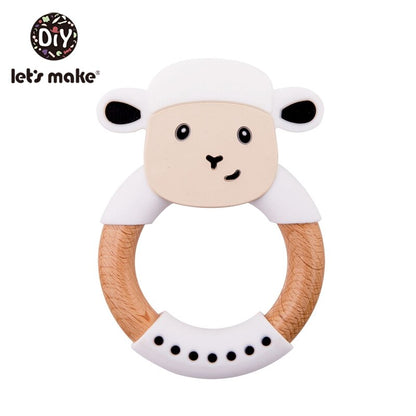 Let&#39;s Make 1pc Baby Silicone Teether Cartoon Elephant Teething Toy Beech Wood Ring Infant Comfort Toys Baby Teether