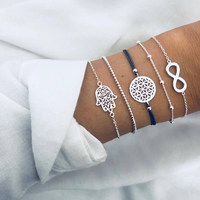 Boho Geometric Bracelet &amp; Bangle Sets For Women Vintage Star Map Hand Heart charm Beads Chains Fashion Jewelry Accessories