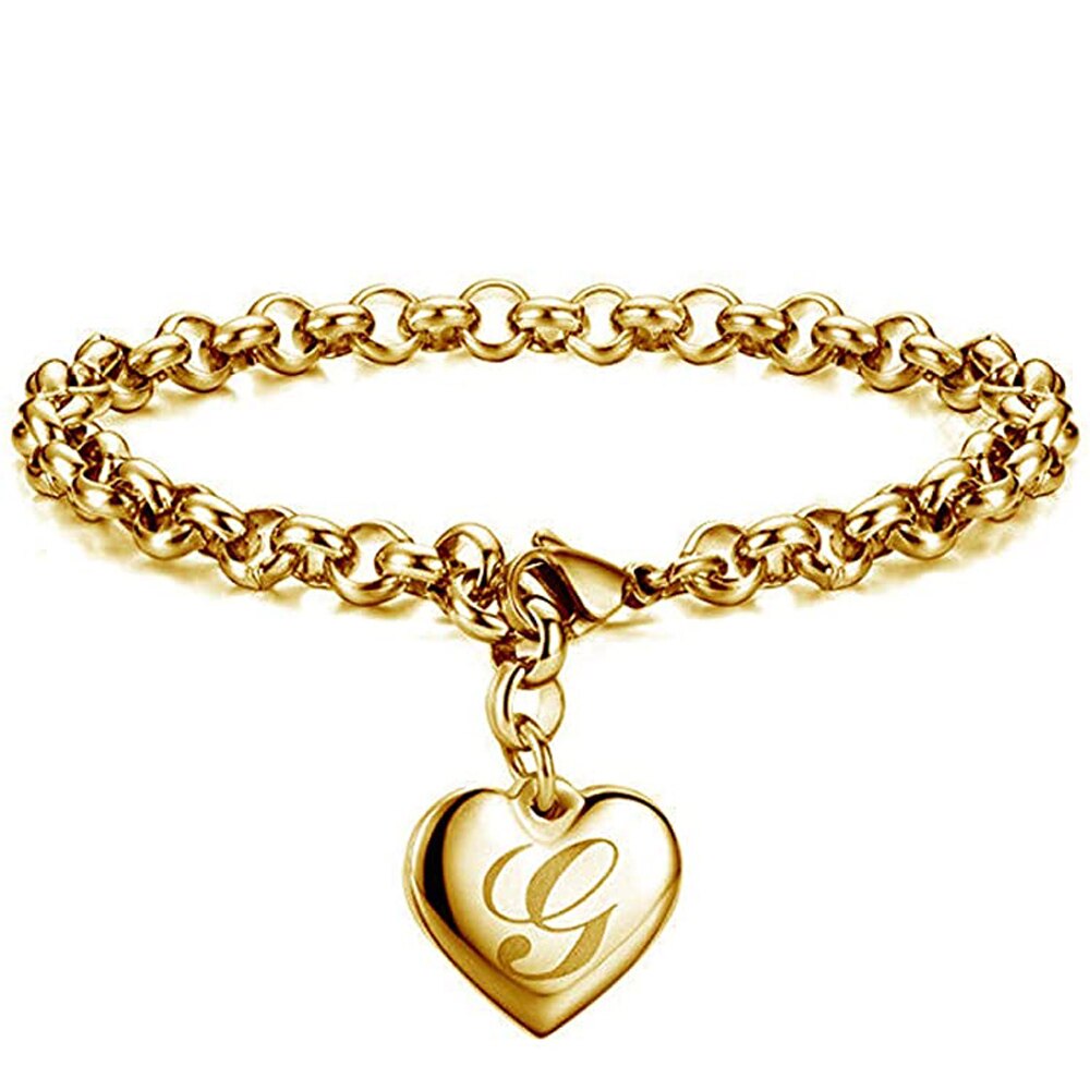 Initial Charm Gold-Color Bracelets Stainless Steel Heart 26 Letters Alphabet Bracelet for Women Girls Kids Gifts