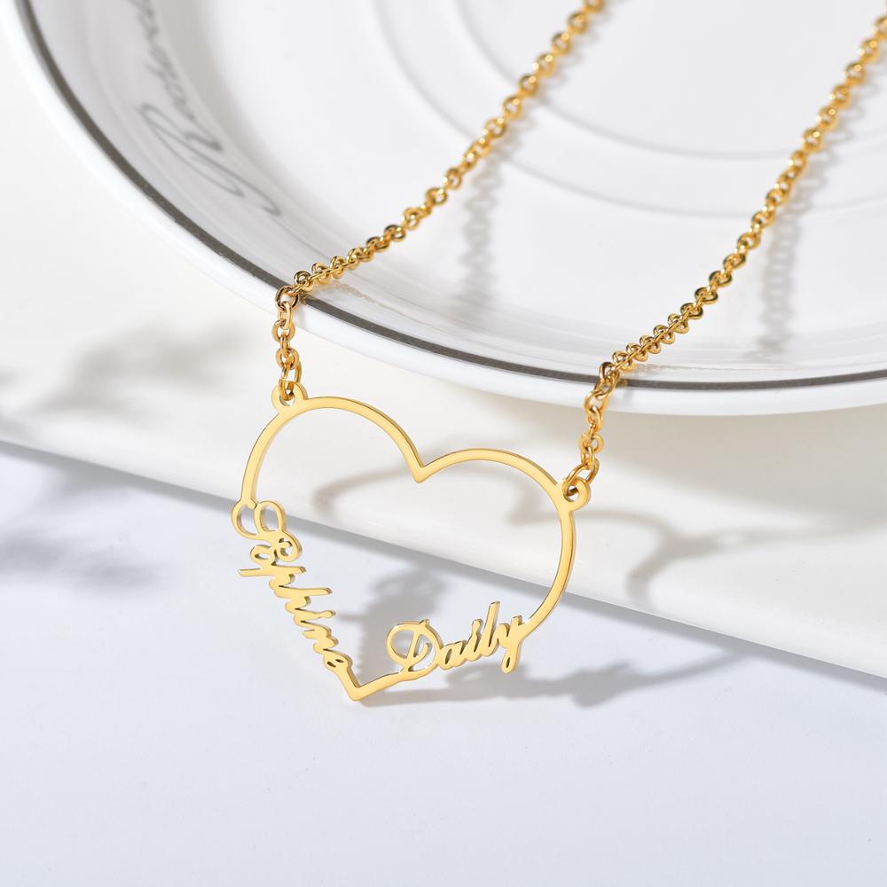 Atoztide 2022 New Custom Fashion Stainless Steel 2 Name Heart Necklace Letter Gold Color Choker Necklace Pendant Nameplate Gift