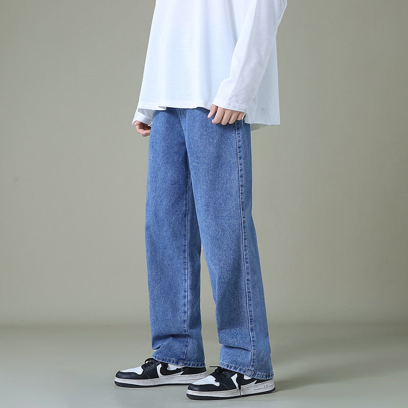 New Autumn Men Denim Wide-leg Pants Korean Style Straight Light Blue Baggy Jeans Elastic Waist Student Trousers Male Black Gray