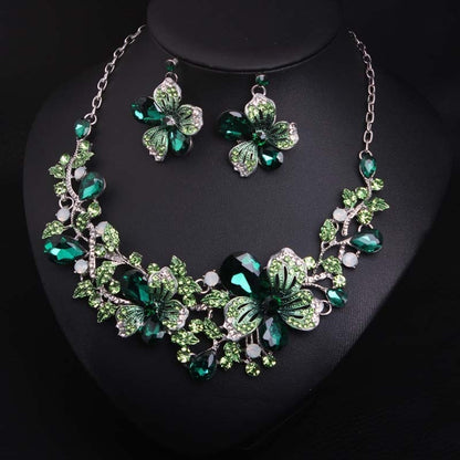 Fashion Multicolor Flower Necklace Earring Set Bridal Crystal Jewelry Sets Statement Choker Fashion Rhinestone Bib Wedding Party