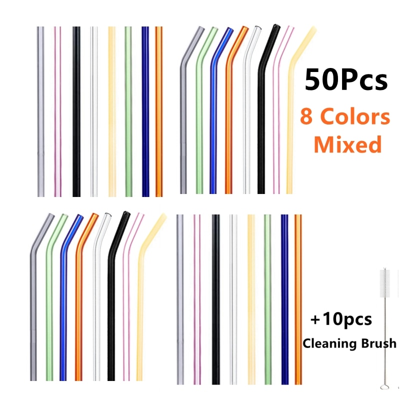 50Pcs/lot Colorful Glass Straw Reusable Drinking Straws Set with Cleaning Brush Wine Cocktail Glass for Party Favors Bar Drinks