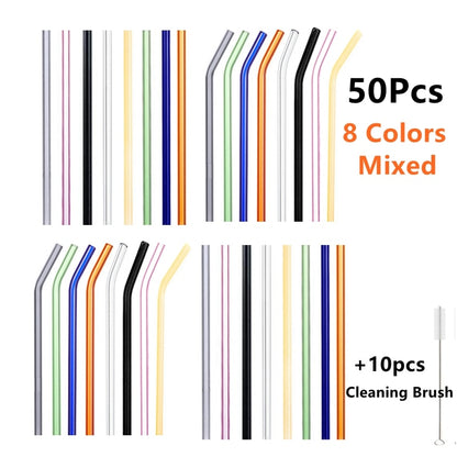 50Pcs/lot Colorful Glass Straw Reusable Drinking Straws Set with Cleaning Brush Wine Cocktail Glass for Party Favors Bar Drinks