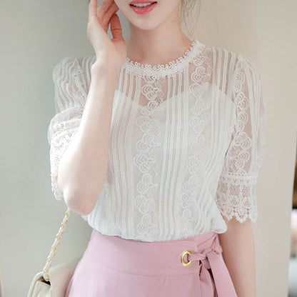 Women's Spring Summer Style Lace Blouses Shirt Women's Hollow Out Solid Color O-neck Half Sleeve Elegant Temperament Tops DD8625