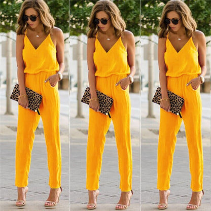 2023 Summer Jumpsuits Women Holiday Casual Sleeveless Fashion Ladies Solid Color Bodysuit Wide Leg Loose Long Pants Trousers