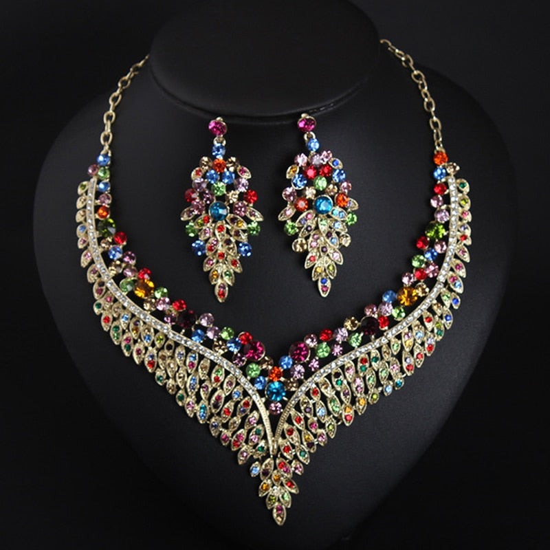 New Crystal Statement Necklace Earrings Set Fashion Women Rhinestone Choker Jewelry Sets Indian Bridal Wedding Costume Jewellery