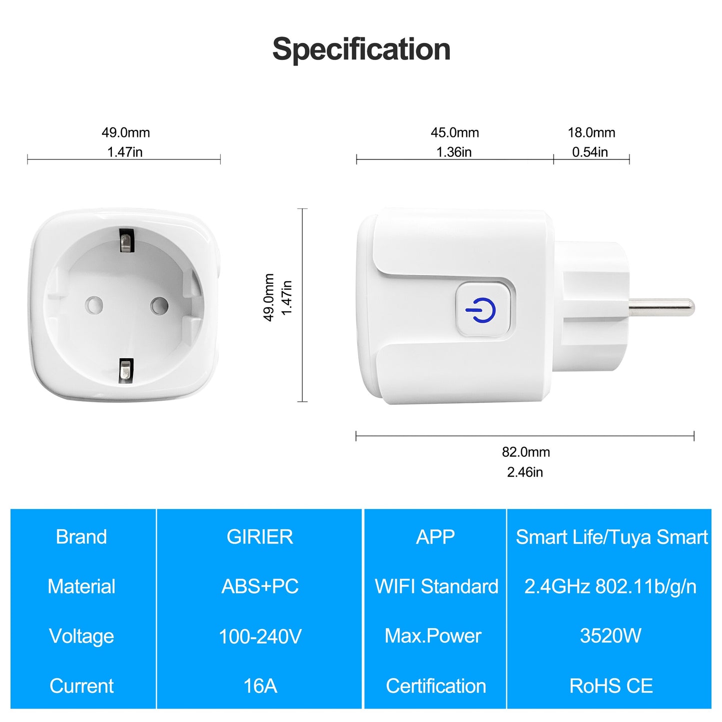 16A EU Smart Wifi Power Plug with Power Monitor Smart Home Wifi Wireless Socket Outlet Works with Alexa Google Home Tuya App