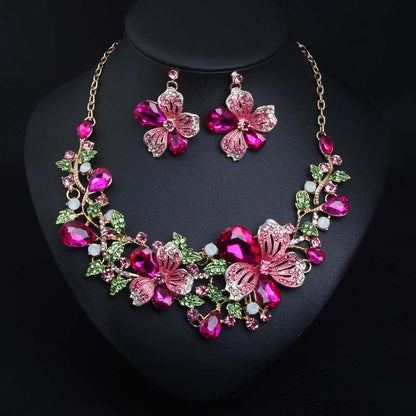 Fashion Multicolor Flower Necklace Earring Set Bridal Crystal Jewelry Sets Statement Choker Fashion Rhinestone Bib Wedding Party