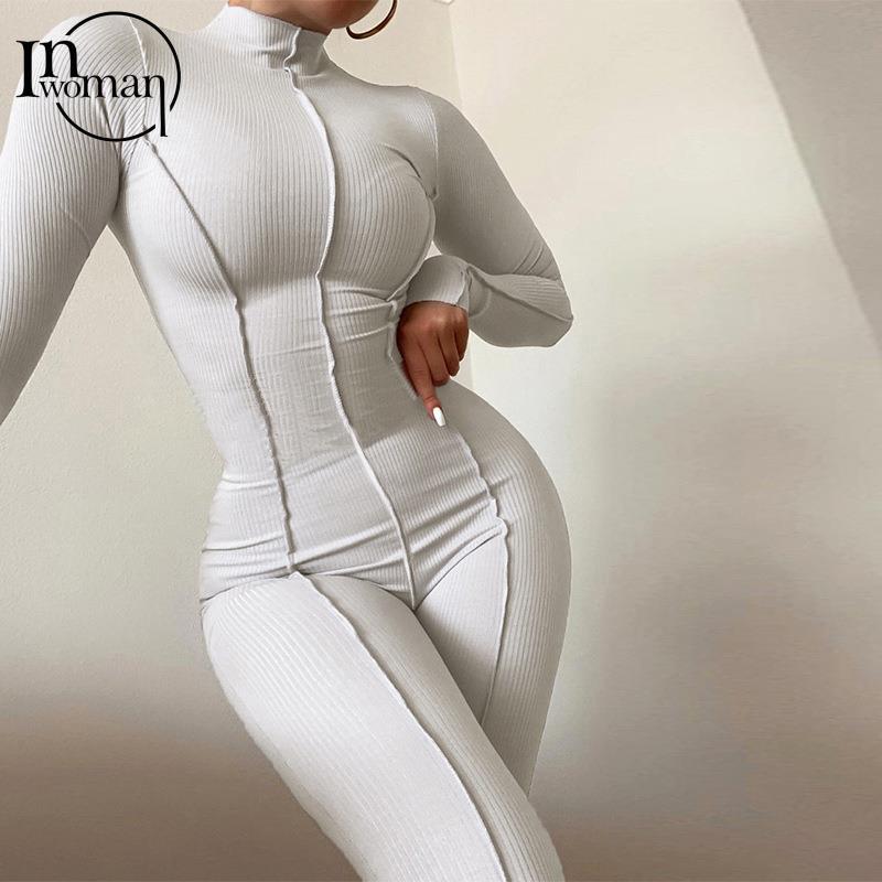 Inwoman Fall Bright Line Decoration Black Jumpsuit Women One Piece Sexy Club Outfit For Women Long Sleeve White Bodycon Jumpsuit