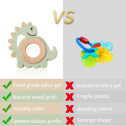 Let&#39;s Make Dinosaur Silicone Wood Ring Teether Cute Animal Nursing Pendant Accessories Teething Toys Chew Toy Teether For Teeth