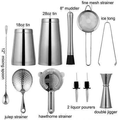 Cocktail Shaker Bar Set: Weighted Boston Shakers, Cocktail Strainer Set,Jigger, Cocktail Muddler,Spoon, Ice Tong,Pourers