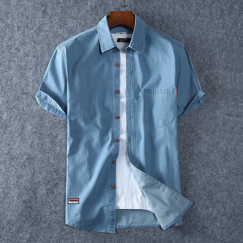 Men&#39;s Blue Denim Shirts Short Sleeve Jean Shirts New Summer High Quality Men Cotton Light Blue Denim Shirts Plus size L-8XL