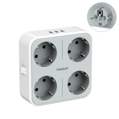 TESSAN Multi Outlets Power Stirp with Outlet and USB Ports, EU Wall Socket Power Adapter with Overload Protection for Home