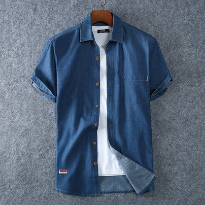 Men&#39;s Blue Denim Shirts Short Sleeve Jean Shirts New Summer High Quality Men Cotton Light Blue Denim Shirts Plus size L-8XL