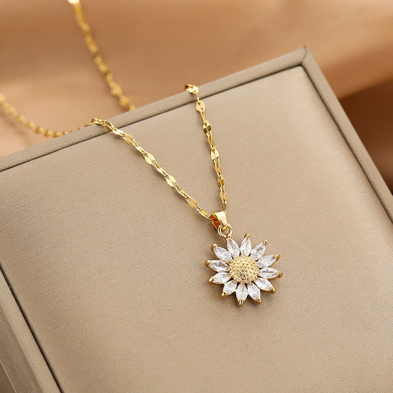 Gold Color Necklace for Women Zircon Jewelry Pendant Necklace Stainles Steel Mermaid Heart Butterfly Stainless Steel Sunflower