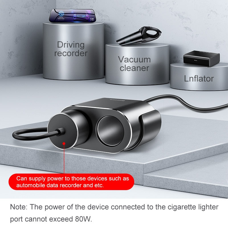 Baseus Car Splitter Cigarette Lighter 12V-24V Dual USB Car Charger Socket 100W Car Auto Splitter Power Adpater For Car USB HUB