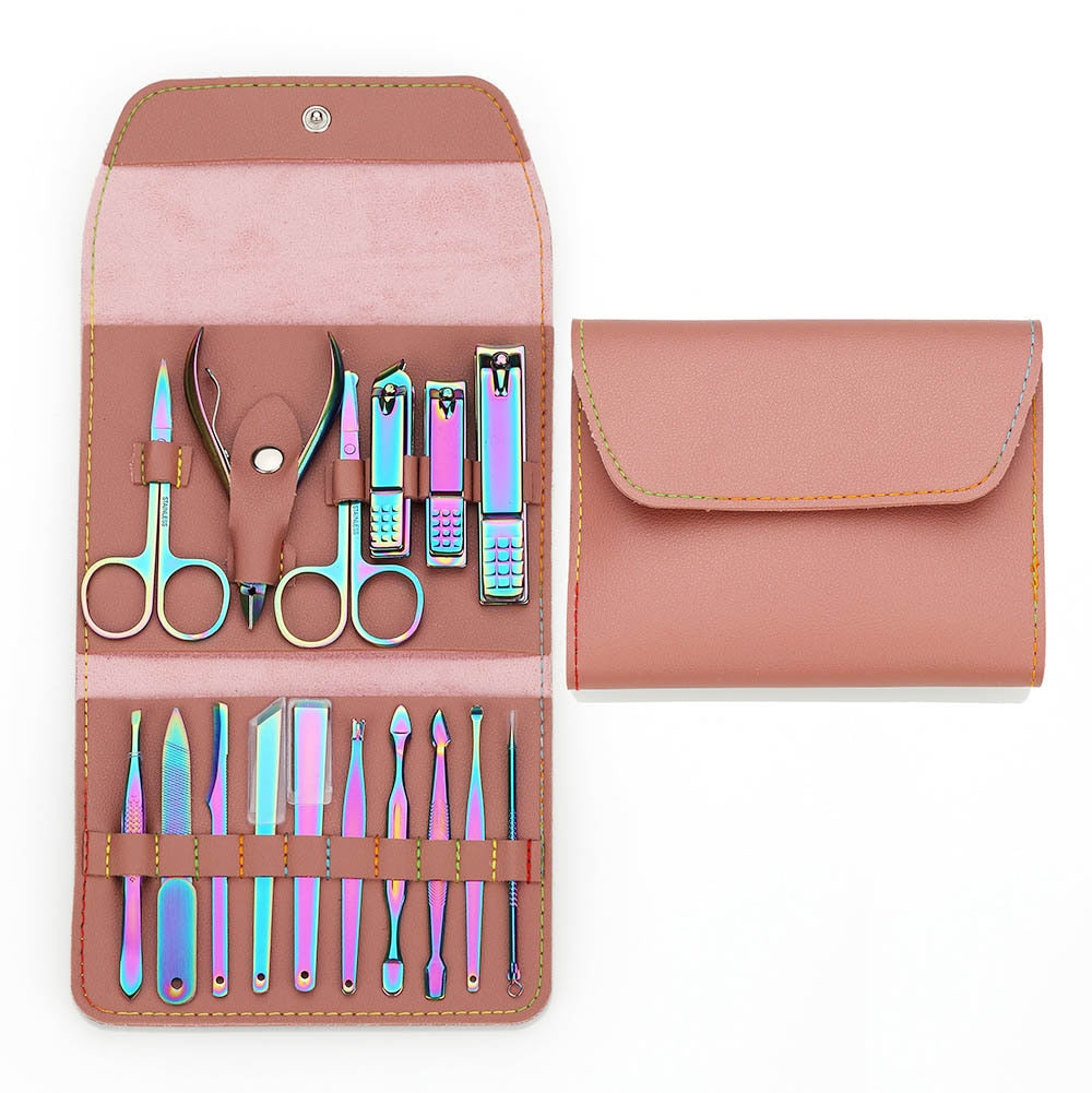 16pcs Manicure Set With PU Leather Case Nail Clippers Kit Pedicure Care Tools Nail Care Scissors Clippers Trimmer Nail Art Tools