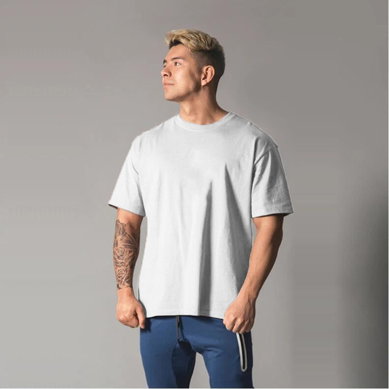 Men&#39;s Oversized T shirt Solid Color Gym Clothing Bodybuilding Fitness Loose Sportswear T-shirt Streetwear Hip-Hop Tshirt