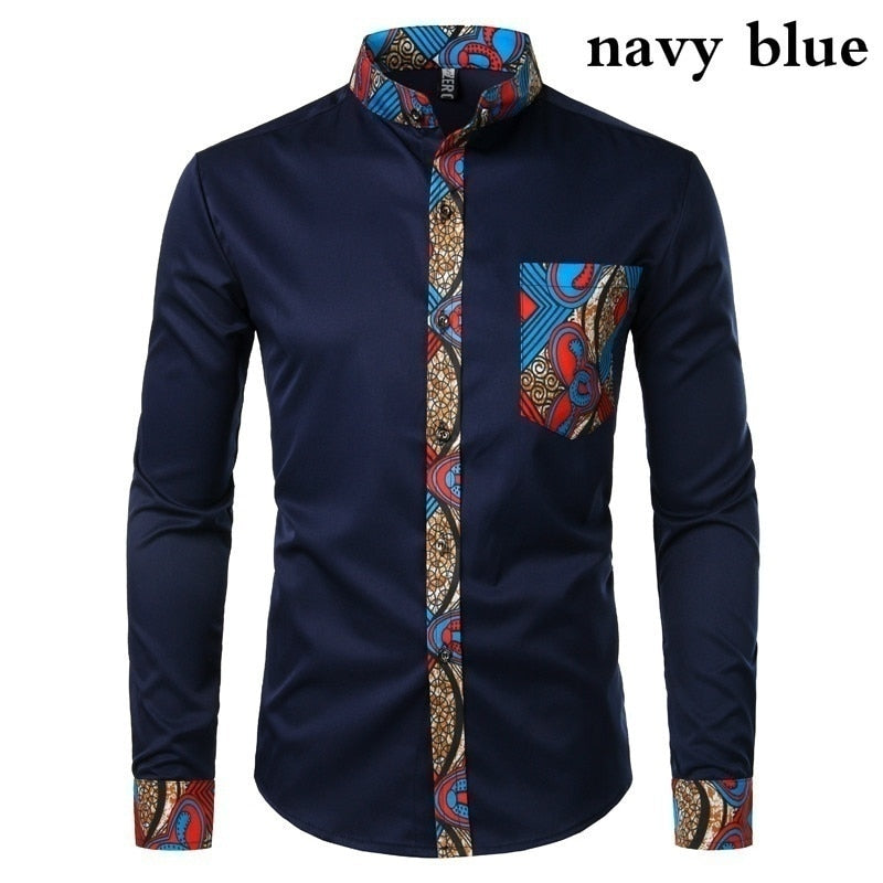 Dashiki African Mens Shirt Patchwork Pocket Africaine Print Shirt Men Ankara Style Long Sleeve Design Collar Mens Dress Shirts