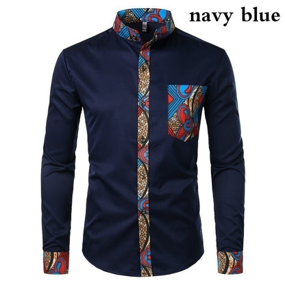 Dashiki African Mens Shirt Patchwork Pocket Africaine Print Shirt Men Ankara Style Long Sleeve Design Collar Mens Dress Shirts