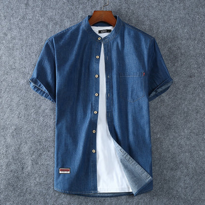 Men&#39;s Blue Denim Shirts Short Sleeve Jean Shirts New Summer High Quality Men Cotton Light Blue Denim Shirts Plus size L-8XL