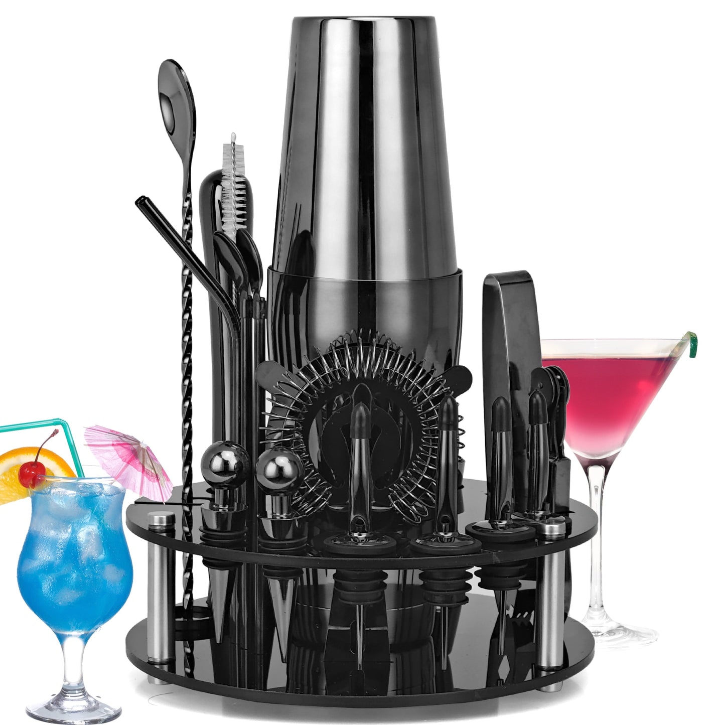 Bartender Kit,20-Piece Rose Gold Cocktail Shaker Set With Rotating Acrylic Stand,For Mixed Drinks Martini Home Bar Tools