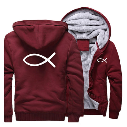 2022 Winter Mens Thick Sweatshirt Christian JESUS fish Hoodies  Brand Zipper Jacket Warm Fleece Thicken Coat Casual Streetwear