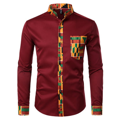 Dashiki African Mens Shirt Patchwork Pocket Africaine Print Shirt Men Ankara Style Long Sleeve Design Collar Mens Dress Shirts