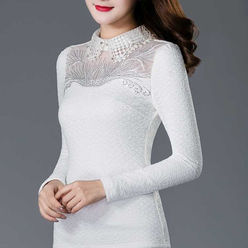 Women Spring Autumn Style Lace Blouses Shirts Lady Casual Long Sleeve Stand Collar Lace Blusas Tops DD8044