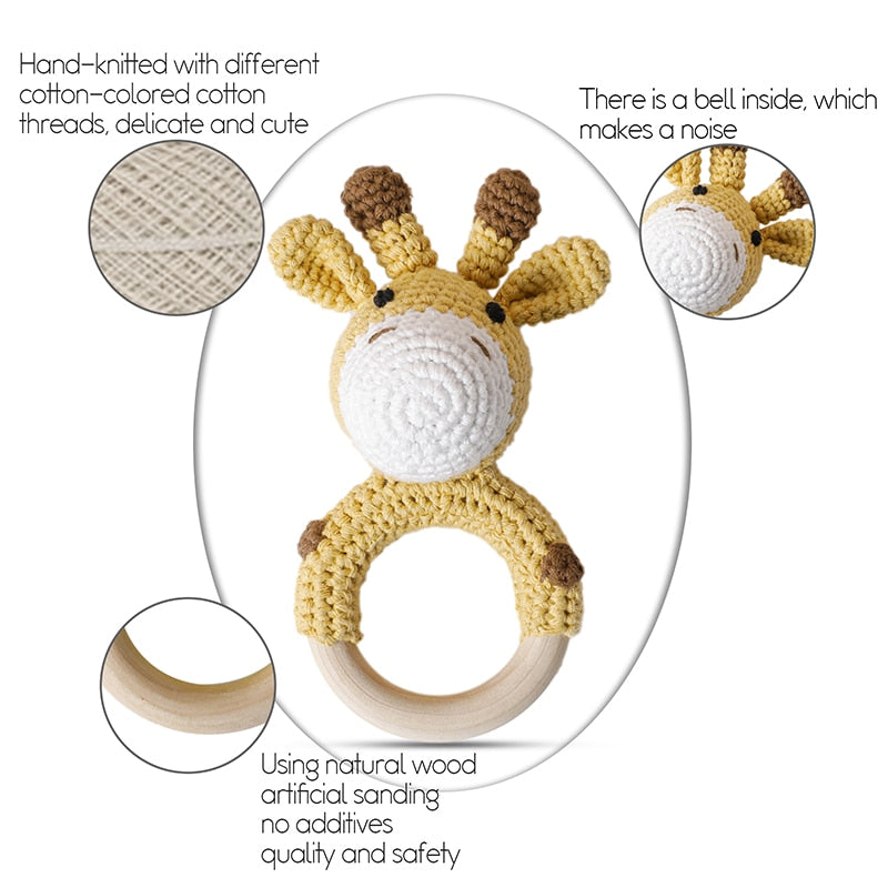 Baby Teether 1pc Animal Crochet Wooden Ring Rattle Wooden Teether For Baby Products DIY Crafts Teething Rattle Amigurumi Toys