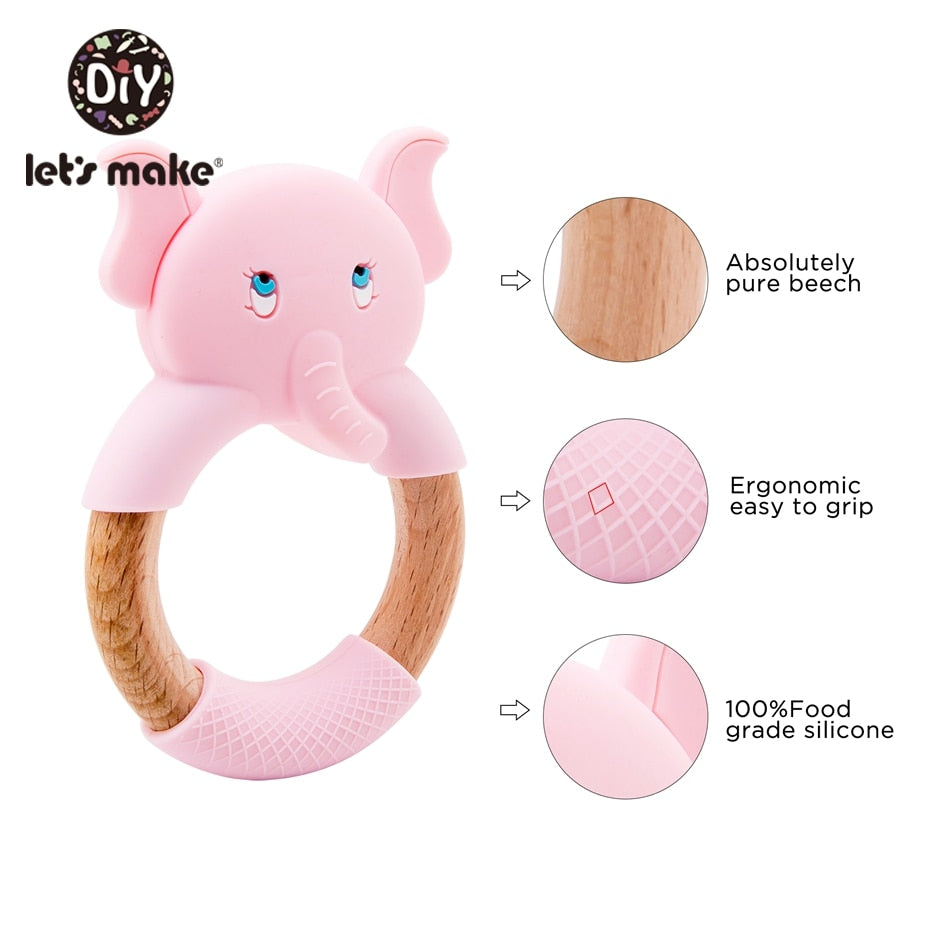Let&#39;s Make 1pc Baby Silicone Teether Cartoon Elephant Teething Toy Beech Wood Ring Infant Comfort Toys Baby Teether
