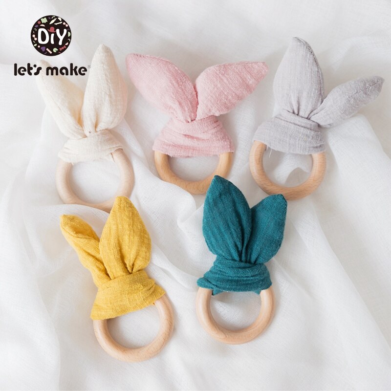 Let&#39;s make Bunny Ear Baby Teething Ring 1pc Teether 70mm Safe Organic Wooden Ring Nursing Training Newborns Toys Baby Teethers