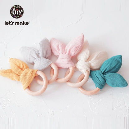 Let&#39;s make Bunny Ear Baby Teething Ring 1pc Teether 70mm Safe Organic Wooden Ring Nursing Training Newborns Toys Baby Teethers