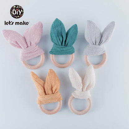 Let&#39;s make Bunny Ear Baby Teething Ring 1pc Teether 70mm Safe Organic Wooden Ring Nursing Training Newborns Toys Baby Teethers