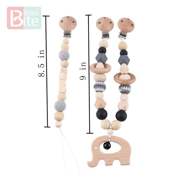 Bite Bites 1set Baby Wooden Teether Pacifier Clip Chain Beech Rodent Ring Baby Nursing Rattle Food Grade Perle Silicone Bead Toy