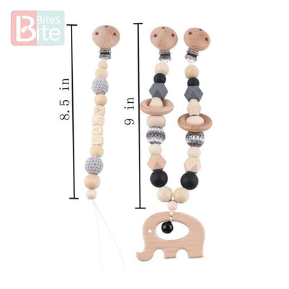 Bite Bites 1set Baby Wooden Teether Pacifier Clip Chain Beech Rodent Ring Baby Nursing Rattle Food Grade Perle Silicone Bead Toy