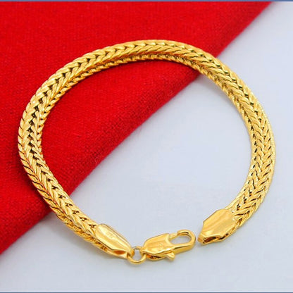 Wholesale Pure Gold Color 6.5MM Width Bracelet For Men 20CM.Fashion Original 24k GP Women men&#39;s Jewelry Gift