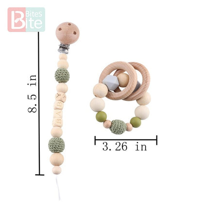 Bite Bites 1set Baby Wooden Teether Pacifier Clip Chain Beech Rodent Ring Baby Nursing Rattle Food Grade Perle Silicone Bead Toy