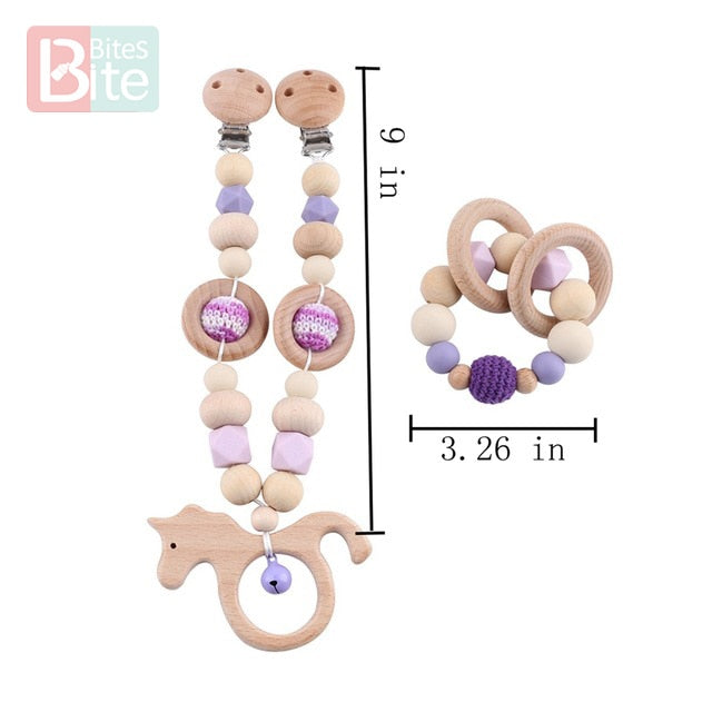 Bite Bites 1set Baby Wooden Teether Pacifier Clip Chain Beech Rodent Ring Baby Nursing Rattle Food Grade Perle Silicone Bead Toy