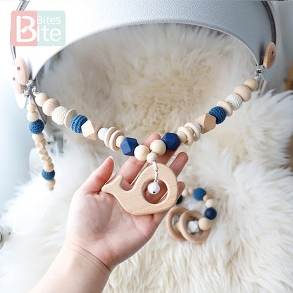 Bite Bites 1set Baby Wooden Teether Pacifier Clip Chain Beech Rodent Ring Baby Nursing Rattle Food Grade Perle Silicone Bead Toy