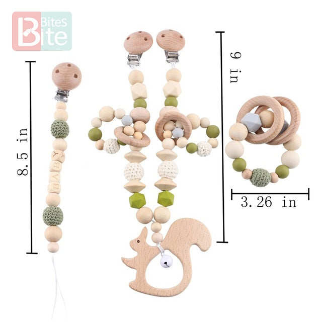 Bite Bites 1set Baby Wooden Teether Pacifier Clip Chain Beech Rodent Ring Baby Nursing Rattle Food Grade Perle Silicone Bead Toy