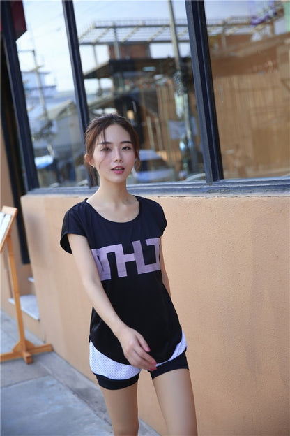 Black Breathable Yoga Shirts Loose Sports Fitness Short Sleeve T Shirt Ladies Running Quick Dry Tees Tops Clothing P184