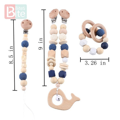 Bite Bites 1set Baby Wooden Teether Pacifier Clip Chain Beech Rodent Ring Baby Nursing Rattle Food Grade Perle Silicone Bead Toy