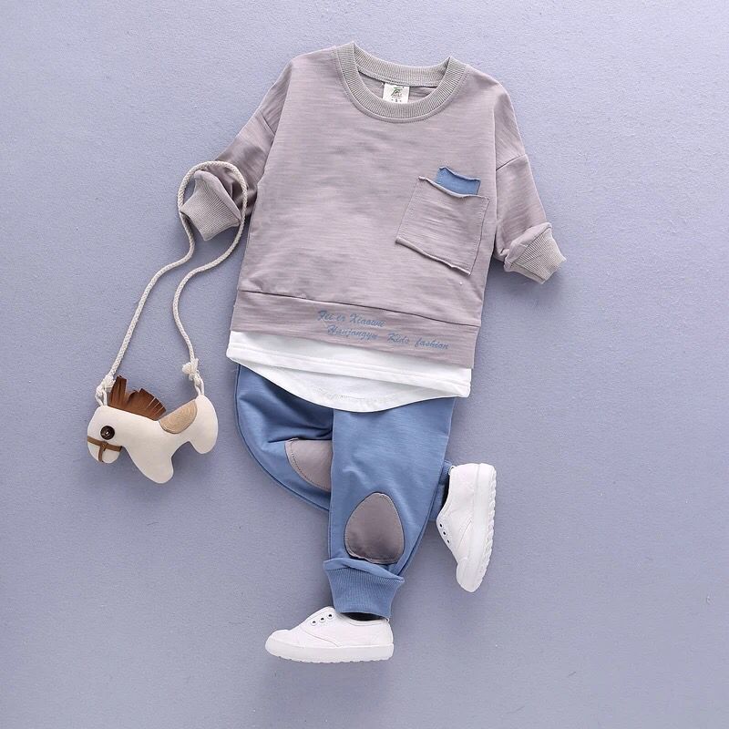 Children suit Cotton long-sleeved spring and autumn new boy baby Pocket t-shirt+ pants Sets 2pcs Boy casual sportswear