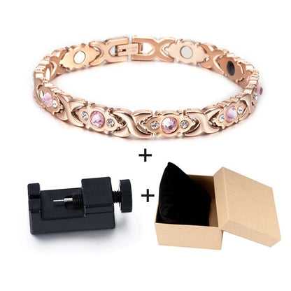 Magnetic Bracelet Women Pink Crystal Gold-color Stainless Steel Bracelet Women Cross Health Energy Magnetic Bracelets for Women